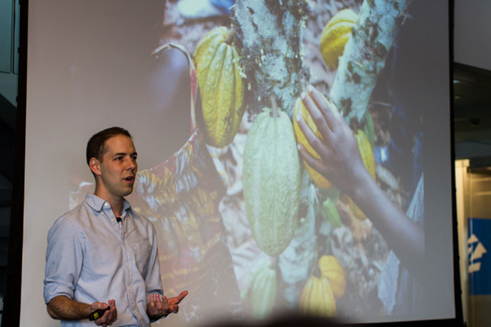 Nathan Palmer-Royston, cocoa sourcing manager at Theo Chocolate speaking at Zillow