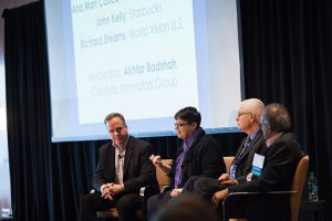 John Kelly (Starbucks), Ana Mari Cauce (UW), Richard Stearns (World Vision U.S.), Akhtar Badshah (Catalytic Innovators Group).