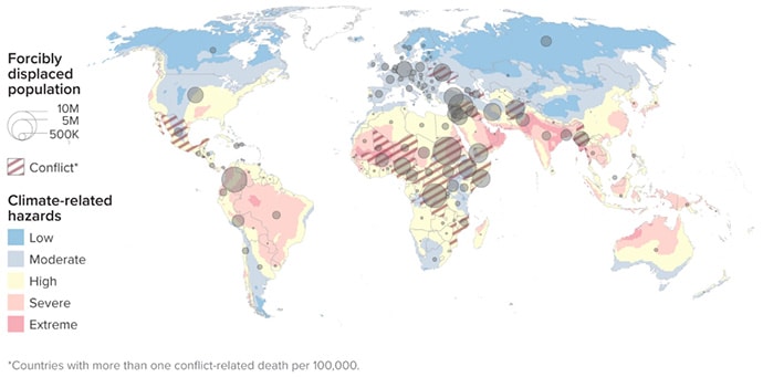 A world map showing climate-related hazards, conflict deaths and displacement. The map shows that many countries with large populations of displaced people are also experiencing more extreme climate-related hazards.