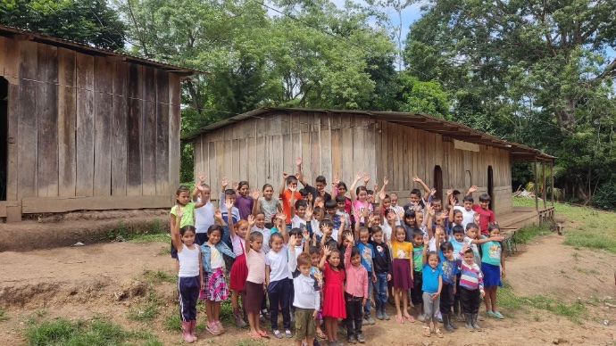 View of students in front of school