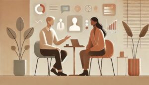 Illustration of conversation between two people at table