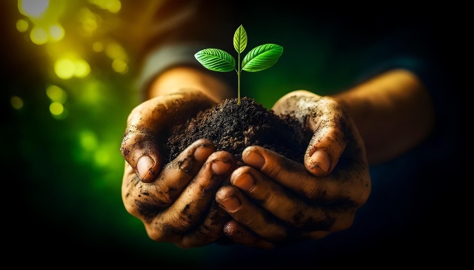Cupped hands holding seedling
